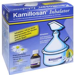 Verpackung eines Kamillosan-Inhalators mit Flasche, Atemmasken und Quirl.