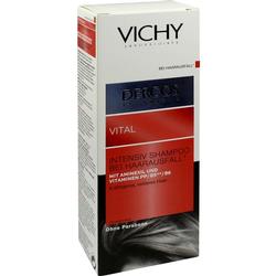 Weiße Shampoo-Packung von Vichy gegen Haarausfall mit roten und schwarzen Details.