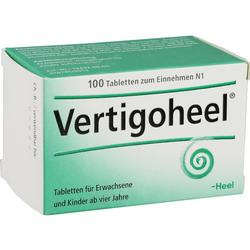 Eine grün-weiße Packung mit 100 Vertigoheel Tabletten für Erwachsene und Kinder ab vier Jahren.