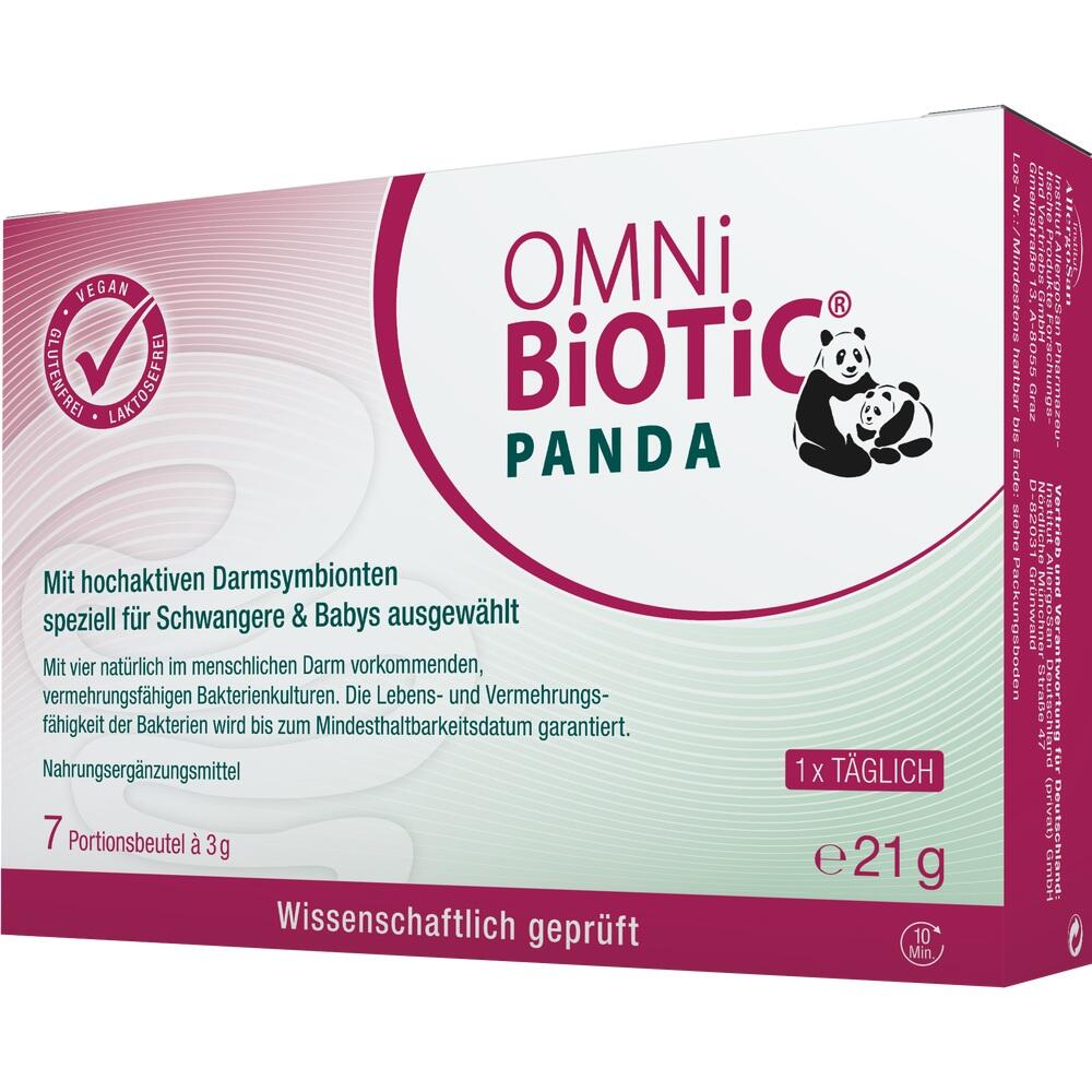 Eine Verpackung von OMNi-BiOTiC Panda, einem Nahrungsergänzungsmittel für Schwangere und Babys.
