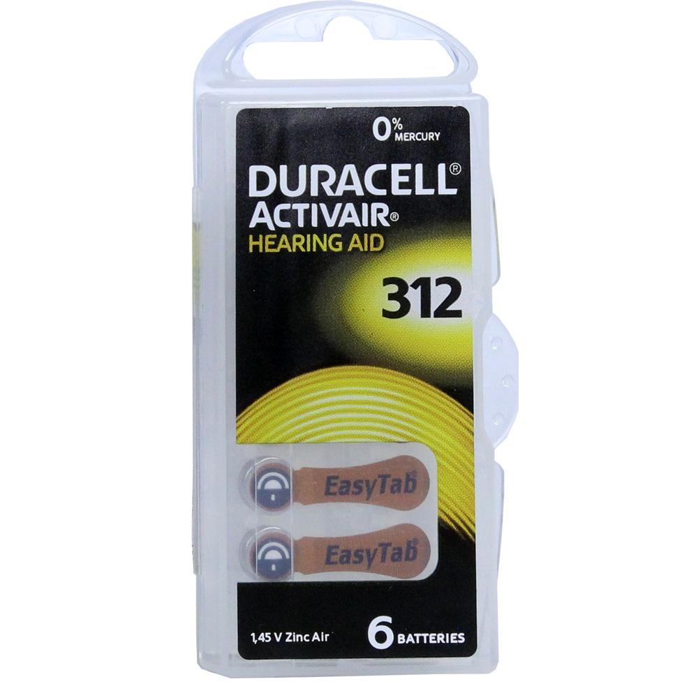 Packung mit sechs Duracell Hörgerätebatterien der Größe 312.