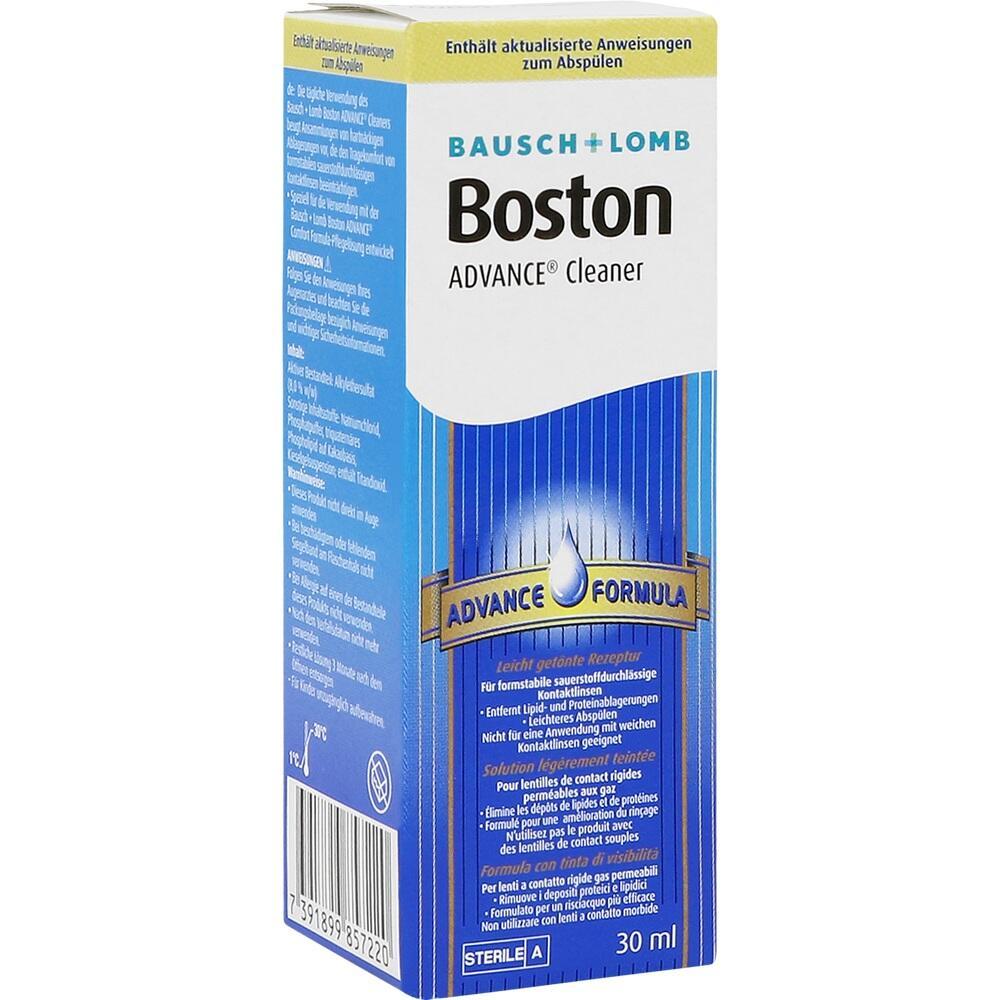 Verpackung einer 30 ml Flasche Kontaktlinsenreiniger der Marke Bausch + Lomb.