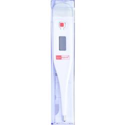 Ein digitales Fieberthermometer in einer durchsichtigen Hülle.
