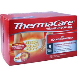 Rote Verpackung von Wärmeumschlägen für Rückenschmerzen mit Bild eines angewendeten Umschlags.