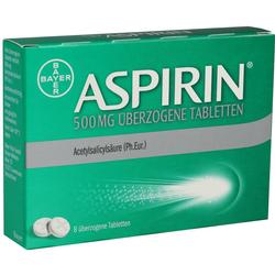 Grüne Aspirin-Packung mit 500 mg überzogene Tabletten von Bayer.
