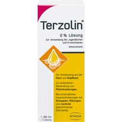 Weiße Packung mit der Aufschrift "Terzolin 2% Lösung für Haut- und Kopfhaut."